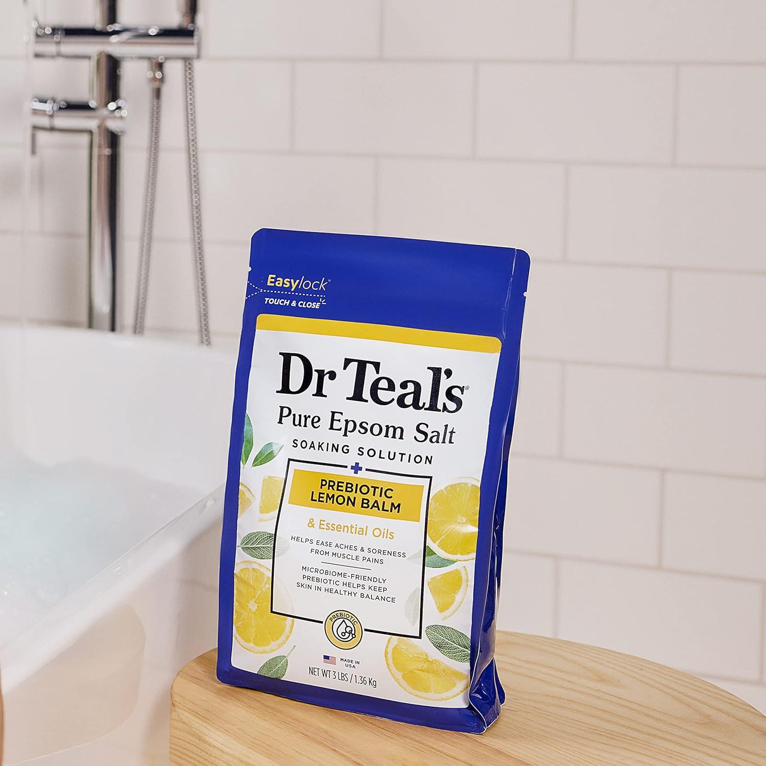 imageDr Teals Pure Epsom Magnesium Salt Soak Prebiotic Lemon Balm ampamp Essential Oil 3 lbs Pack of 4Lemon Balm