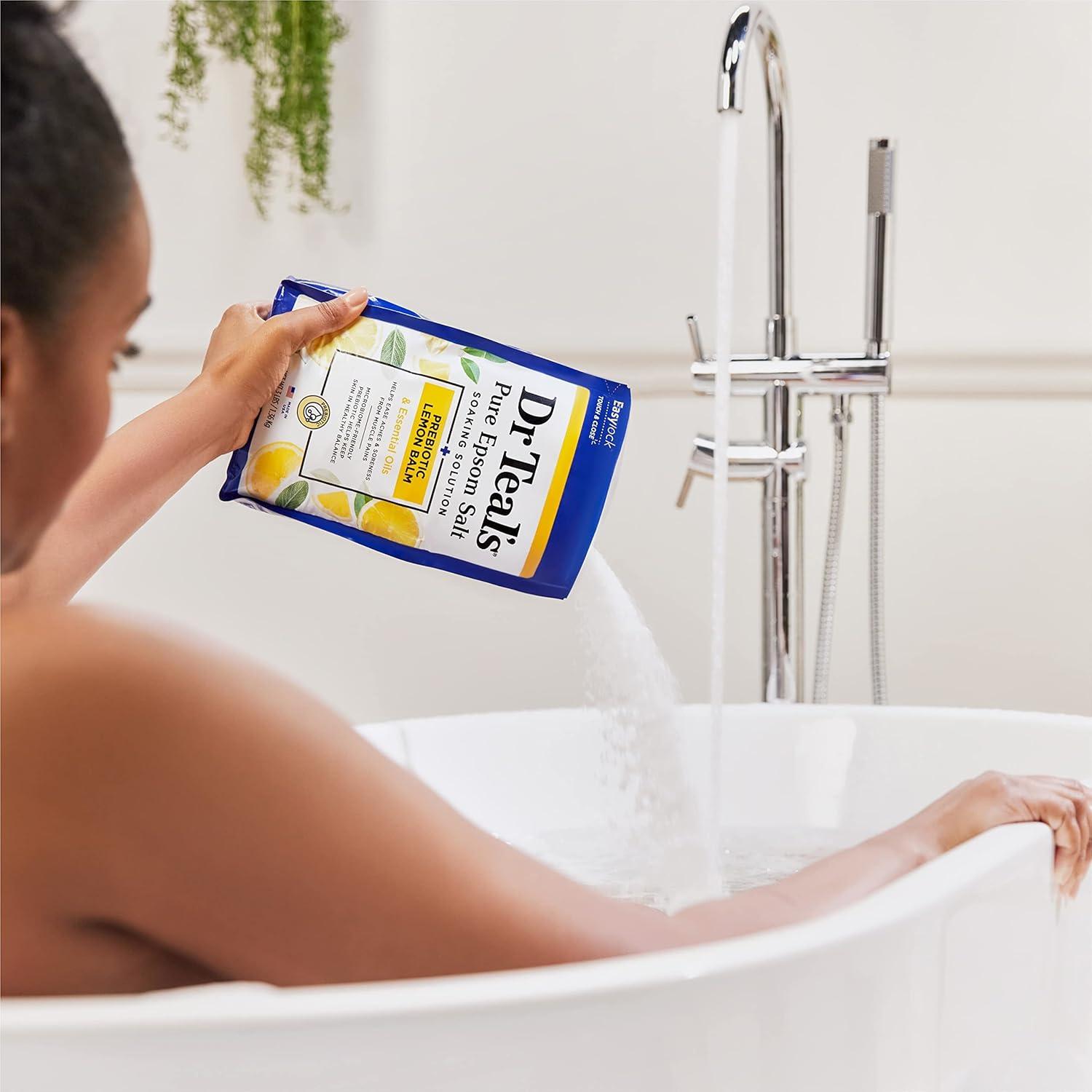 imageDr Teals Pure Epsom Magnesium Salt Soak Prebiotic Lemon Balm ampamp Essential Oil 3 lbs Pack of 4Lemon Balm