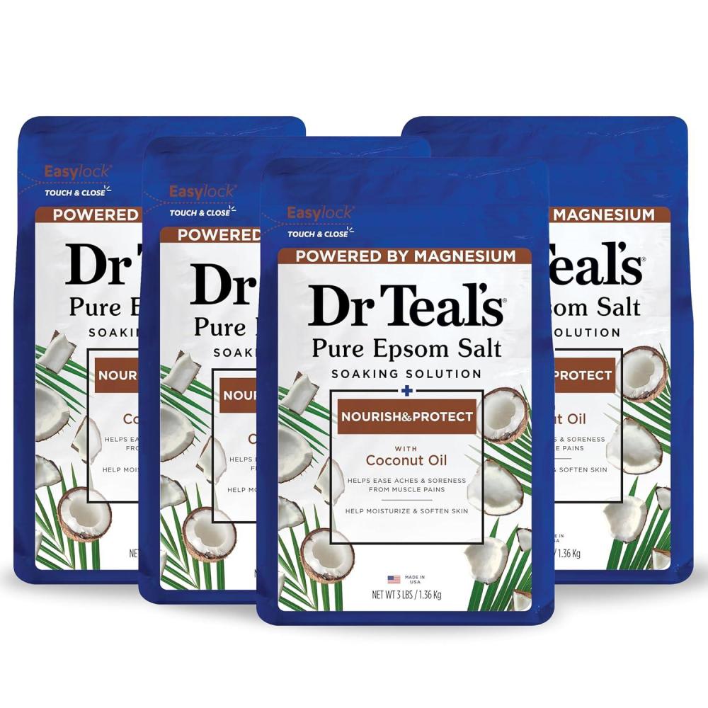 imageDr Teals Epsom Salt Magnesium Soak Nourish ampamp Protect with Coconut Oil 3 lbs Pack of 4