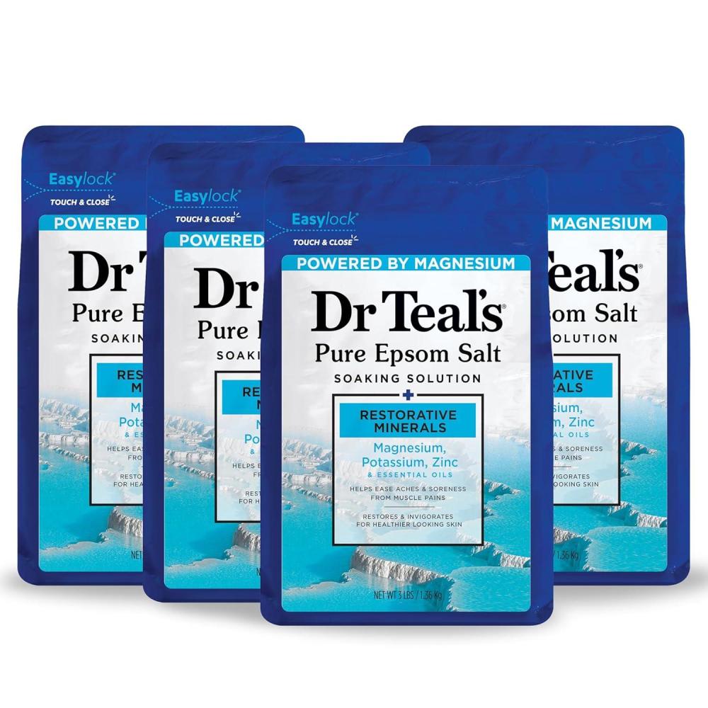 imageDr Teals Epsom Salt Magnesium Soak Restorative Minerals with Magnesium Potassium Zinc ampamp Essential Oils 3 lbs Pack of 448 Ounce Pack of 4