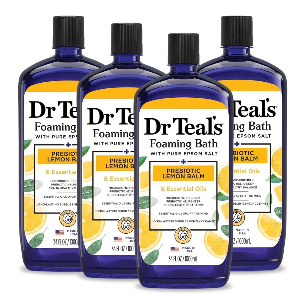 imageDr Teals Foaming Bath with Pure Epsom Salt Prebiotic Lemon Balm ampamp Essential Oils 34 fl oz Pack of 4Bathwater Additive