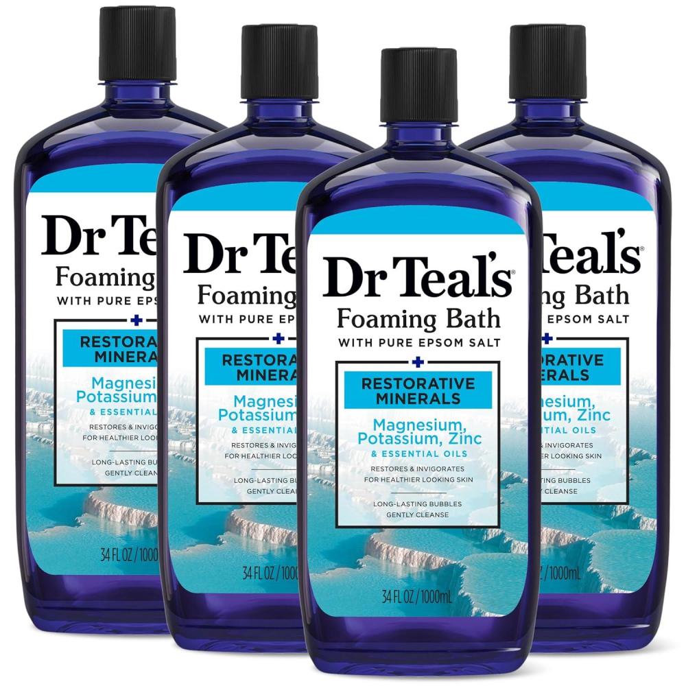 imageDr Teals Foaming Bath with Pure Epsom Salt Restorative Minerals with Magnesium Potassium Zinc ampamp Essential Oils 34 fl oz Pack of 4