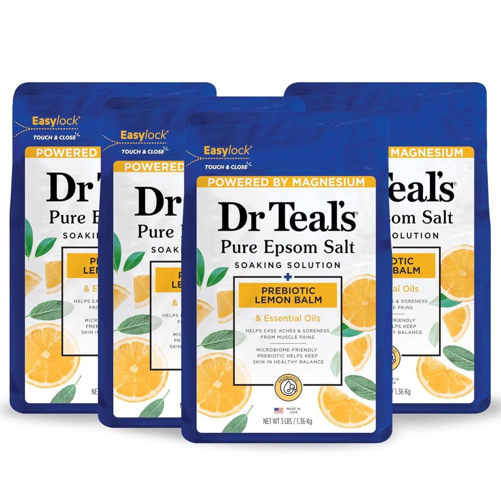 imageDr Teals Pure Epsom Magnesium Salt Soak Prebiotic Lemon Balm ampamp Essential Oil 3 lbs Pack of 4Lemon Balm