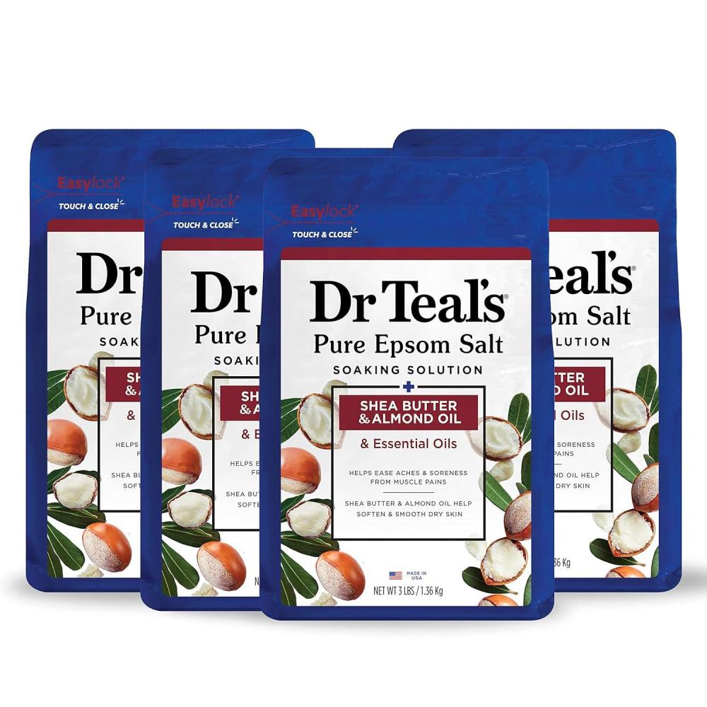 imageDr Teals Pure Epsom Magnesium Salt Soak Shea Butter ampamp Almond 3 lbs Pack of 4