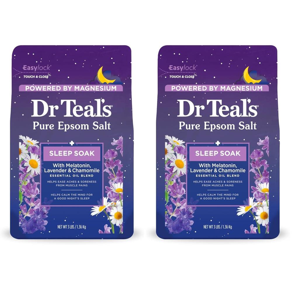 imageDr Teals Pure Epsom Magnesium Salt Soak Sleep Blend with Melatonin Lavender ampamp Essential Oils 3 lb Pack of 4Chamomile