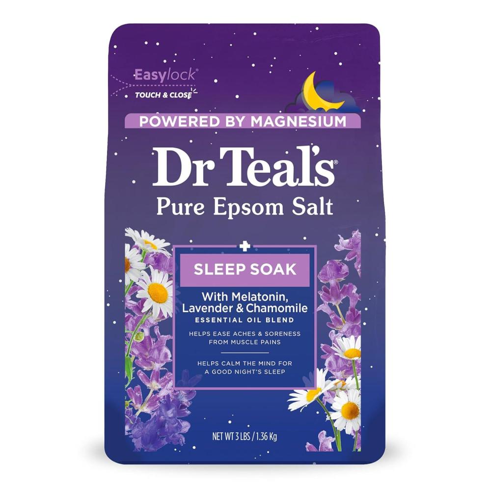 imageDr Teals Pure Epsom Magnesium Salt Soak Sleep Blend with Melatonin Lavender ampamp Essential Oils 3 lb Pack of 4Sleep Soak