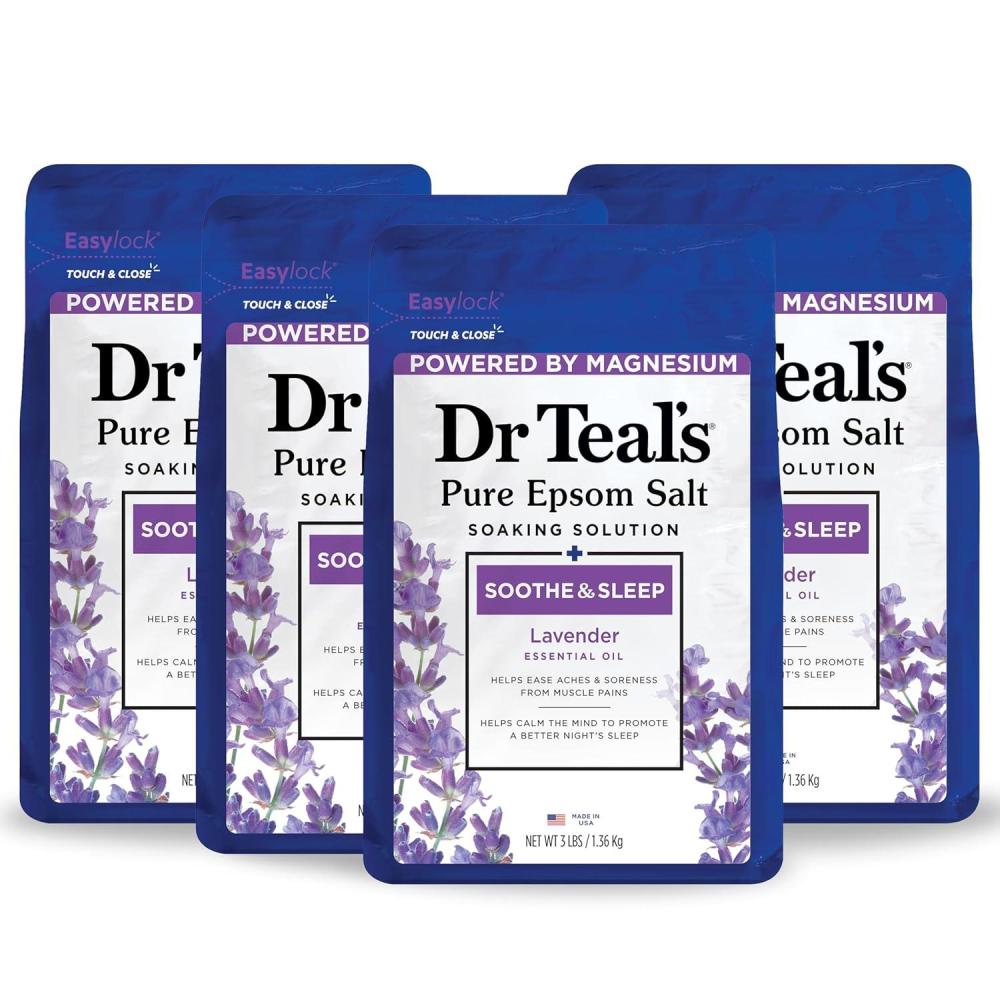 imageDr Teals Pure Epsom Magnesium Salt Soak Soothe ampamp Sleep with Lavender 3 lb Pack of 4
