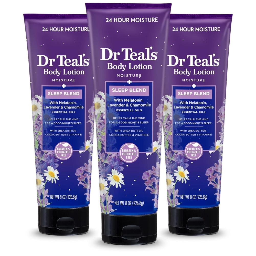 imageDr Teals Sleep Body Lotion 24Hour Moisture with Melatonin Lavender ampamp Chamomile Essential Oils 8 fl oz Pack of 3