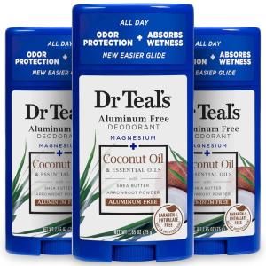Dr Teal’s Aluminum Free Deodorant, Coconut Oil with Essential Oils, 2.65 oz (Pack of 3)(Coconut Oil)