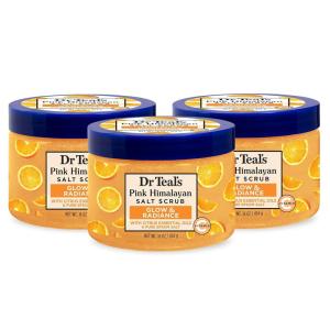 Dr Teal’s Pink Himalayan Salt Body Scrub, Glow & Radiance with Pure Epsom Salt & Citrus Essential Oils 16 oz (Pack of 3)(Citrus)
