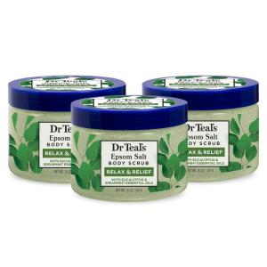 Dr Teal’s Pink Himalayan Salt Body Scrub, Glow & Radiance with Pure Epsom Salt & Citrus Essential Oils 16 oz (Pack of 3)(Eucalyptus & Spearmint)