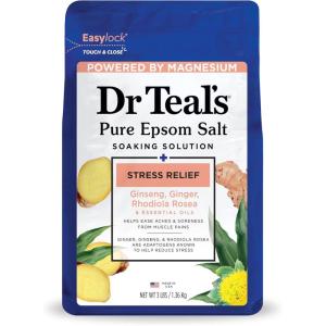 Dr Teal’s Pure Epsom Salt Stress Relief with Ginseng & Ginger Essential Oils, 3 lbs (Pack of 4)(Orange  Ginger & Cedarwood)